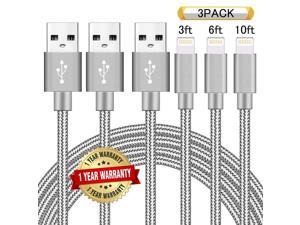 YXwin Lightning Cable 3Pack 3FT 6FT 10FT Nylon Braided Certified iPhone Cable USB Cord Charging Charger for iPhone XR, XS,XS Max, X, 8, 8 Plus, 7, 7 Plus, 6s, 6s Plus, 6, 6 Plus, SE, iPad (Grey)