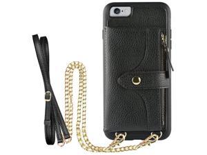 LAMEEKU Wallet Case Compatible with iPhone 6 Plus, iPhone 6S Plus Case Wallet Card Holder Case with Wrist Chain Crossbody Strap Zipper Case for iPhone 6 Plus/iPhone 6S Plus (5.5 inches Black)