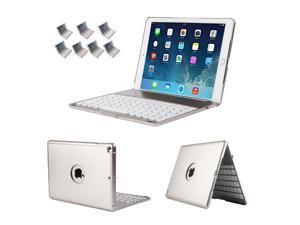 PCATEC Ipad Air 2 Keyboard Case, Aluminum Alloy Ultra Thin Smart Bluetooth Wireless Keyboard 7 Color Led Backlit with Protective Case Cover Stand Auto Sleep/Wake for Apple iPad Air2 (Silver)