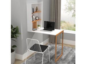 Folding Wall Mounted Table, Floating Writing Desk Space Saving with Storage Shelves for Home Office in White