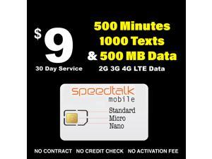 SpeedTalk Mobile $9 Preloaded SIM Card | Unlimited Texts (SMS) + 500 Minutes (Talk) OR 500MB 5G 4G LTE Data Smart Phone Plan  | 3 in 1 sim card: Standard, Micro, Nano | 30 Days Wireless Service.