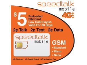 SpeedTalk Mobile $5 Preloaded SIM Card for Unlocked Smart Phones | Talk Text  5G 4G LTE Data | No Contract, No Credit Check, Easy activation | 30 days wireless network service plan