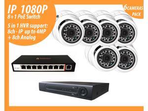 Combine your Analog cameras together with our IP. Surveillance Package SA-IP6P8 has 4K HVR (support up to 8 Analog and 8 IP at the same time), 6 - 1080P IP outside/inside cameras and 8 port PoE Switch