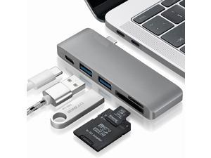USB Type C Hub Aluminum Adapter 5 in 1 Multi-Port Combo Converter with USB-C Charging Port, Type-C Pass Through, 2 USB 3.0 Ports, SD/Micro Card Reader for 2015/2016 MacBook and more (Space Grey)