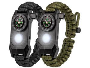 2 Packs Survival Paracord Bracelet with Compass Fire Starter LED Light SOS Emergency Knife Whistle for Outdoor Camping Hiking Travel