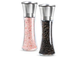 Premium Stainless Steel Salt and Pepper Grinder Set of 2- Brushed Stainless Steel Pepper Mill and Salt Mill, 6 Oz Glass Tall Body, 5 Grade Adjustable Ceramic Rotor