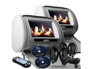Dual Gray Pair 9" LED Headrest DVD Player Monitors With Zipper Covers. USB/SD Card Readers. 2 Dual Channel Wireless Headphones and 2 PSP Wireless Game Controllers & Cds Included Dual Gray Pair 9" LED Headrest DVD Player Monitors With Zipper Covers. USB/SD Card Readers. 2 Dual Channel Wireless Headphones and 2 PSP Wireless Game Controllers & Cds Included