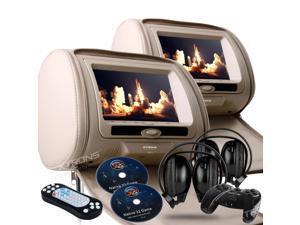 Dual Tan Pair 9" LED Headrest DVD Player Monitors With Zipper Covers. USB/SD Card Readers. 2 Dual Channel Wireless Headphones and 2 PSP Wireless Game Controllers & Cds Included Dual Tan Pair 9" LED Headrest DVD Player Monitors With Zipper Covers. USB/SD Card Readers. 2 Dual Channel Wireless Headphones and 2 PSP Wireless Game Controllers & Cds Included