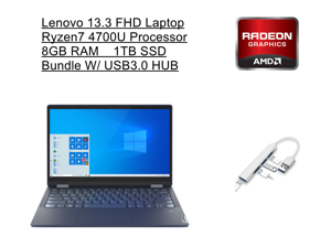 New Lenovo 13.3" FHD Touch Laptop | AMD® Ryzen™ 7 4700U | Integrated AMD Radeon™ Graphics | 8GB RAM | 1TB SSD | Fingerprint Reader | Backlit Keyboard  | Windows 10 Home | Bundle with USB 3.0 HUB