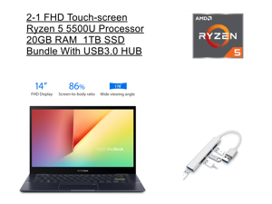 New ASUS 14" 2-1 FHD Touch-screen Laptop | AMD Ryzen 5 5500U | 20GB RAM | 1TB SSD | Windows 10 Home | Backlit Keyboard | Fingerprint reader | Bundle with USB3.0 HUB