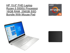 New HP 15.6" FHD Laptop | AMD Ryzen 5 5500U Processor | 16GB RAM | 256GB SSD | Silver | Windows 10 Home| Bundle with Mouse Pad