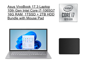 Asus VivoBook 17.3 HD+ Laptop |10th Gen Intel Core i7-1065G7 Processor |16G RAM | 1TB SSD + 2TB HDD | W10S | Silver | Bundle with Mouse Pad