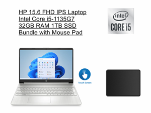 HP 156 Full HD IPS Touchscreen Premium Laptop  Intel Core i51135G7 Processor  Intel Iris Xe Graphics  32GB RAM  1TB SSD  Windows 11 Home S Mode  Silver  Bundle with Mouse Pad