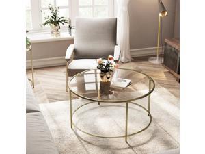 ViscoLogic Regal MidCentury Elegant Round Clear Glass Table Metal Frame CoffeeCenter Table For Your Living Room Bedroom Golden Color