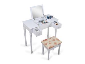 ViscoLogic Wooden Mirrored Makeup Vanity Table & Cushioned Stool (Flap top) White
