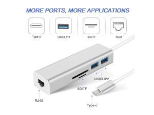 5 in 1 USB C Dongle Type-C to Gigabit Ethernet + 2 × USB 3.0 + SD/TF Dock, Support 1000Mbps LAN, SD/TF Card Reader and 2×USB3.0 HUB for New MacBook, ChromeBook and Smartphone.