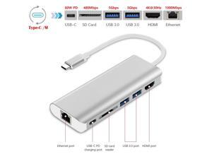 6-in-1 Type-C to 4K HDMI + 1000M LAN + SD + 2 x USB3.0 + 60W PD Adapter, Support 4K 30Hz UHD Video, Gigabit Ethernet, SD Card Reader, USB-C PD 60W Quick Charging and USB 3.0 Type-C Dongle USB C HUB. 6-in-1 Type-C to 4K HDMI + 1000M LAN + SD + 2 x USB3.0 + 60W PD Adapter, Support 4K 30Hz UHD Video, Gigabit Ethernet, SD Card Reader, USB-C PD 60W Quick Charging and USB 3.0 Type-C Dongle USB C HUB.