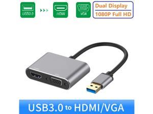 2 in 1 USB 3.0 to HDMI VGA Adapter 1080P,  Built-in Driver,  Support HDMI VGA Sync Output for Windows 10 / 8 / 7 Only, NOT Mac OS / Linux / Vista, USB to HDMI VGA HUB.