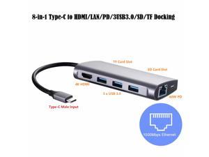 8in1 Type-C Dock 3 USB3.0 SD/TF Card HDMI Gigabit Ethernet USB-C HUB Digital Multiport Adapter Expansion Dock for Type-C Notebook or Laptop, Thunderbolt 3 Compatible 8-in-1 Converter, 8 in 1 USB C HUB