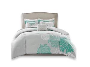 Comfort Spaces Enya 5 Piece Comforter Set Ultra Soft Hypoallergenic Microfiber Floral Print Bedding Full/Queen Aqua/Grey