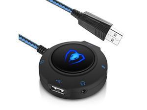 micolindun external sound card usb hubs audio adapter to usb port & 3.5mm audio & micro jack for pc laptop. plug and play (blue)