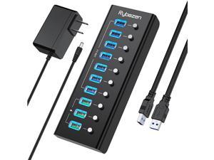 USB Hub 3.0, 7 USB 3.0 Super Speed Data Ports and 3 USB Smart Charging Ports, with LEDs Individual Switches and Power Adapter for Keyboard, Mouse, Printer, Hard Drivers and More USB Devices