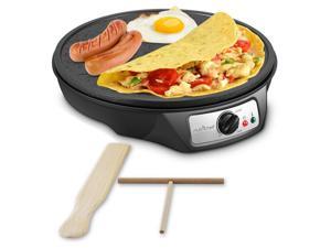 Nonstick 12-Inch Electric Crepe Maker - Aluminum Griddle Hot Plate Cooktop with Adjustable Temperature Control and LED Indicator Light, Includes Wooden Spatula and Batter Spreader - NutriChef