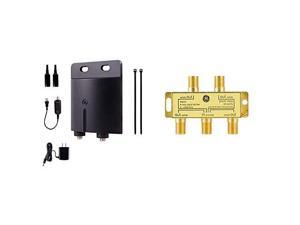 GE Outdoor TV Antenna Amplifier Low Noise Antenna Signal Booster & Digital 4-Way Coaxial Cable Splitter, 2.5 GHz 5-2500 MHz, RG6 Compatible, Gold Plated Connectors, Corrosion Resistant, 33527