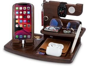 TESLYAR Wood Rotating Swivel Phone Docking Station with iPhone Watch Ash Key Holder Wallet Stand Watch Organizer Men Husband Wife Anniversary Dad Birthday Nightstand Purse Father Graduation Male