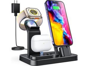 RJR Updated 3 in 1 Charging Station for Apple Devices Self Adjusting Charging Dock for iWatch 8 7 6 SE 5 4 3 2 1 Builtin Charger Stand for iPhone Series AirPods Gifts with 15W Adapter Black