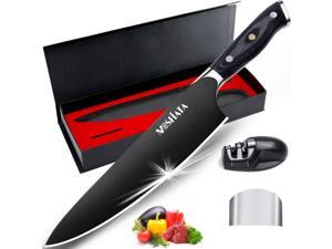 MOSFiATA 8” Super Sharp Titanium Plated Chef's Knife with Finger Guard and Knife Sharpener in Gift Box, German High Carbon Stainless Steel EN1.4116 Titanium Coated Stylish Kitchen Cooking Knife MOSFiATA 8” Super Sharp Titanium Plated Chef's Knife with Finger Guard and Knife Sharpener in Gift Box, German High Carbon Stainless Steel EN1.4116 Titanium Coated Stylish Kitchen Cooking Knife