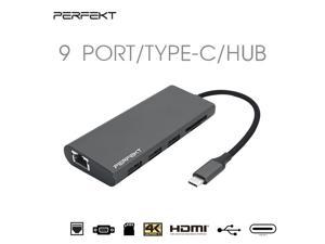 Perfekt 9-in-1 USB Type C Hub with 3 USB 3.0 Ports, 
 4K HDMI, VGA, SD/TF Card Readers, RJ45 Ethernet Port, and 100W Power Delivery