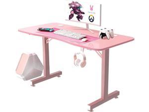 Vitesse Pink Gaming Desk 40 Inch Kawaii Computer Desk Cute Gaming Table T-Shaped Girl Gamer Desk Gaming Workstation Home Office Desk with Carbon Fiber Surface and Headphone Hook (Pink)
