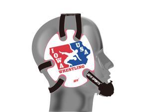 Wrestling headgear with IOWA USA wrestling stickers Wrestling headgear with IOWA USA wrestling stickers