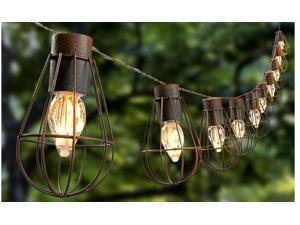Rustic Solar String Lights With 10 Warm White Bulbs In Metal Cage Rustic Solar String Lights With 10 Warm White Bulbs In Metal Cage