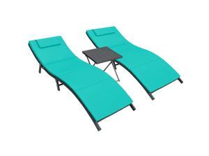 Homall 3 Pieces Patio Chaise Lounge Chair Sets Outdoor Beach Pool PE Rattan Reclining Chair with Folding Table and Cushion (Blue)