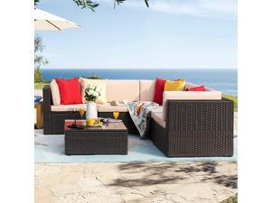 Homall 6 Pieces Furniture Outdoor Sectional Sofa All Weather PE Rattan Patio Conversation Set Manual Wicker Couch with Cushions and Glass Table (Beige)
