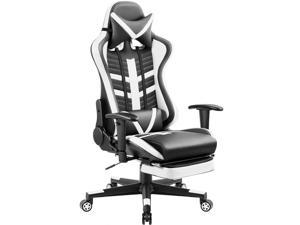 Homall Gaming Chair with Thickened Footrest Ergonomic Swivel Racing High-Back Bucket Seat, Premium PU Leather, Reclining, Hydraulic Height Adjustment, Lumbar Support, Adjustable Armrest (White)