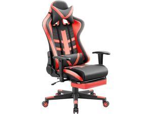 Homall Gaming Chair with Thickened Footrest Ergonomic Swivel Racing High-Back Bucket Seat, Premium PU Leather, Reclining, Hydraulic Height Adjustment, Lumbar Support, Adjustable Armrest (Red)