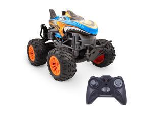 Family Smiles Kids RC Shark Monster Truck Toy Water Spray Haze Lights Sound Effects Remote Control Vehicle 1:16 Scale Gift Toys For Boys Orange