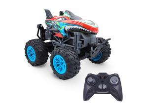 Family Smiles Kids RC Shark Monster Truck Toy Water Spray Haze Lights Sound Effects Remote Control Vehicle 1:16 Scale Gift Toys For Boys Teal