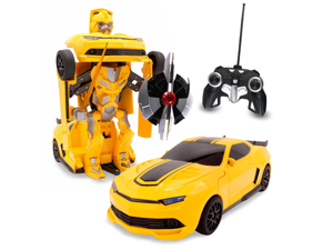 RC Toy Transforming Robot Remote Control (27 MHz) Yellow Sports Car with One Button Transformation, Realistic Engine Sounds and 360 Speed Drifting 1:14 Scale (Yellow)
