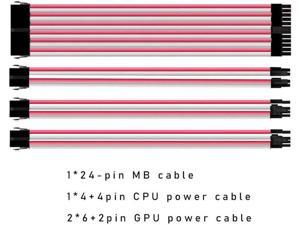Mod Sleeved Cable, Pink & White Power Supply Cable Extension Kit, 24PIN ATX, 4+4 PIN EPS, Dual 6+2 PIN PCIE(11.81")