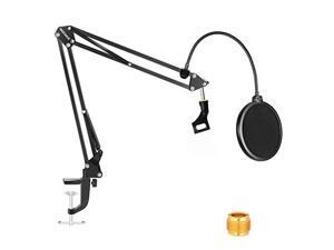 Neewer NW-35 Black Microphone Suspension Boom Scissor Arm Stand with Mic Clip Holder Table Mounting Clamp & NW(B-3) Pop Filter Windscreen Shield Kit