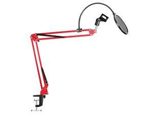 Neewer Desktop Microphone Suspension Boom Scissor Arm Stand with Microphone Clip Holder, Table Mounting Clamp and Pop Filter Windscreen Shield Kit for Studio Broadcasting, Singing, Recording(Red)