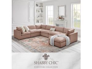 Shabby Chic Aliya Modular U-Sofa Chaise Sectional - Upholstered | Corner Sofa and Ottoman, Pink Linen Shabby Chic Aliya Modular U-Sofa Chaise Sectional - Upholstered | Corner Sofa and Ottoman, Pink Linen