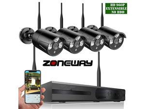 ZONEWAY 8-Channel HD 1080P Wireless Network/Ip Security Camera System(Ip Wireless WiFi NVR Kits),4Pcs 960P 1.3 Megapixel Wireless Indoor/Outdoor IR Bullet Ip Cameras,P2P,App,No HDD
