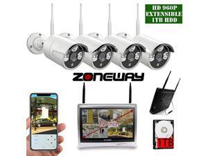 ZONEWAY 12 inch Screen  HD 1080P 8-Channel Wireless Security Camera System,4 pcs 960P 1.3 Megapixel Wireless Weatherproof Bullet IP Cameras,Plug and Play,70FT Night Vision,P2P,App, 1TB HDD