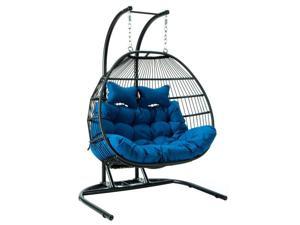 LeisureMod Wicker 2 Person Double Folding Hanging Egg Swing Chair in Blue