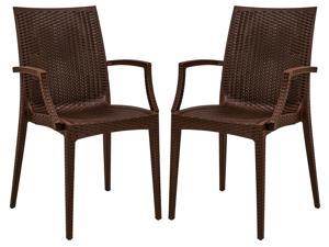 LeisureMod Mace Weave Design Indoor Outdoor Stackable Dining Chair With Arms in Brown Set of 2